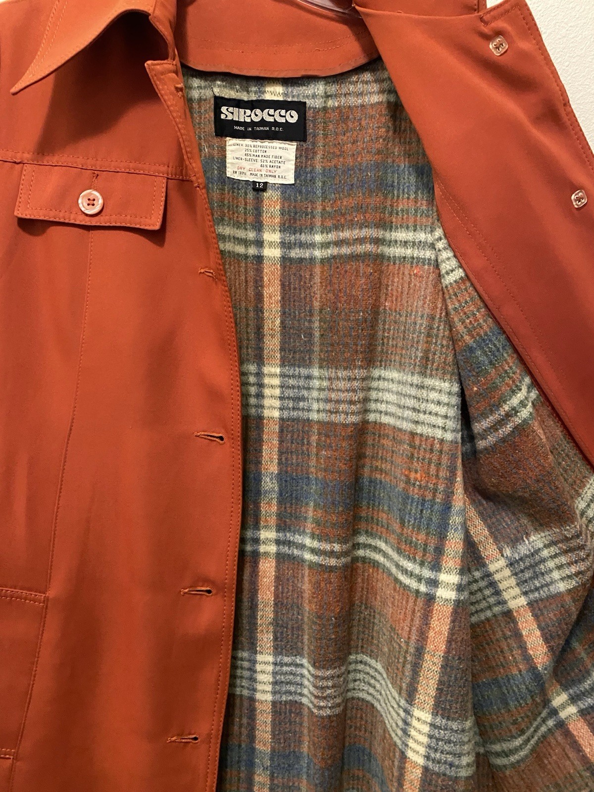 Vintage 1970s Sirocco Rust Orange Trench Coat Plaid Lining Belt Sz 12 Exc