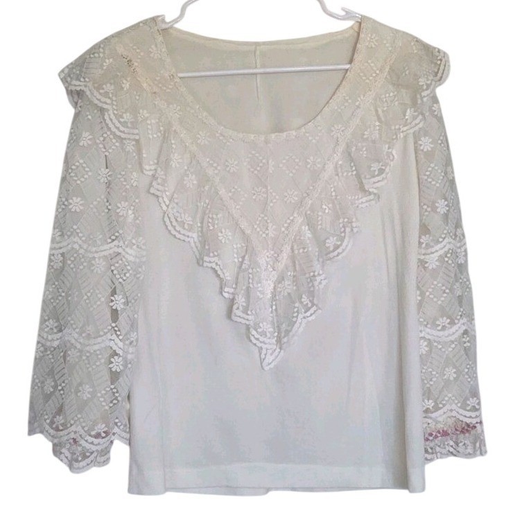 Vintage Victorian Lace Blouse White Ruffle V-Yoke Boho Coquette Romantic Sz Med