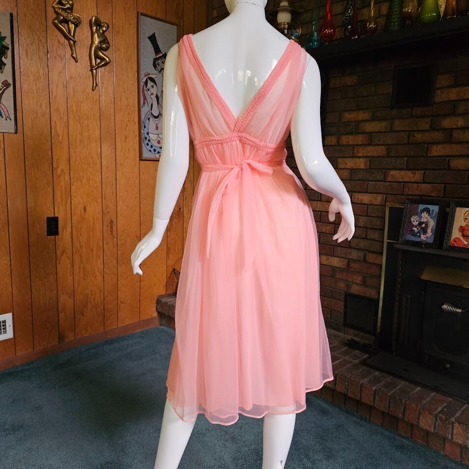 Vtg 60s Candy Pink Sheer Double Chiffon Grecian Pinup Nightie Pajama Dress S/M