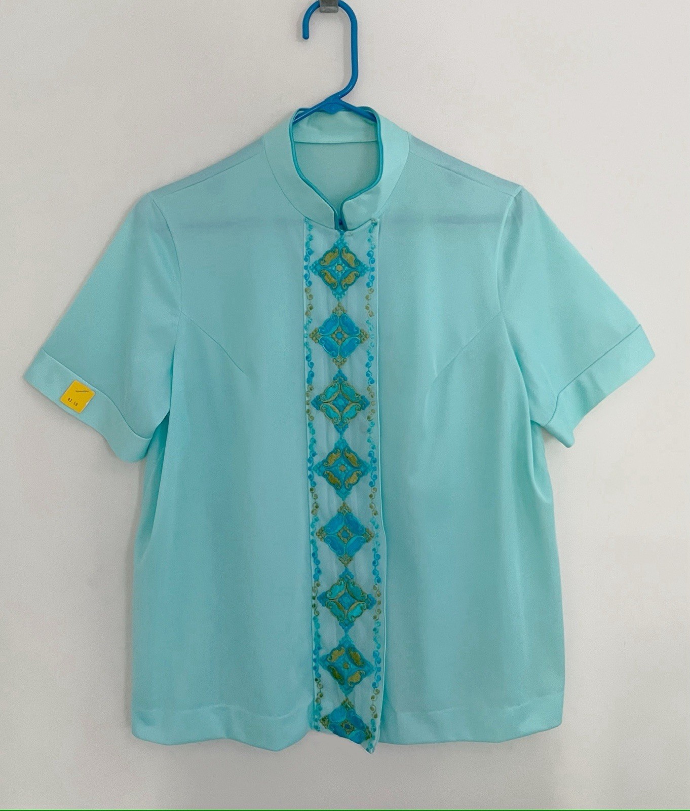 Vintage GOSSARD ARTEMIS Bed Jacket Women 36 Blue Snap Embroidered Short Sleeve