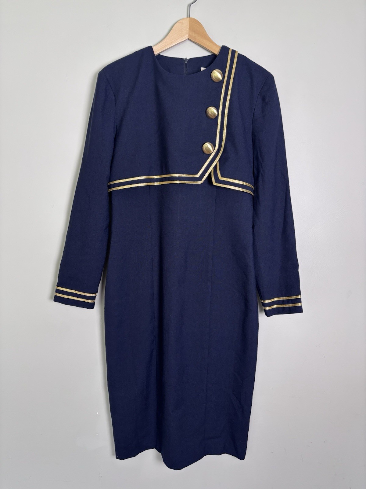 VTG 80s Leslie Lucks Vintage Sailor Style Sheath Dress-8-Navy Blue/Gold Buttons