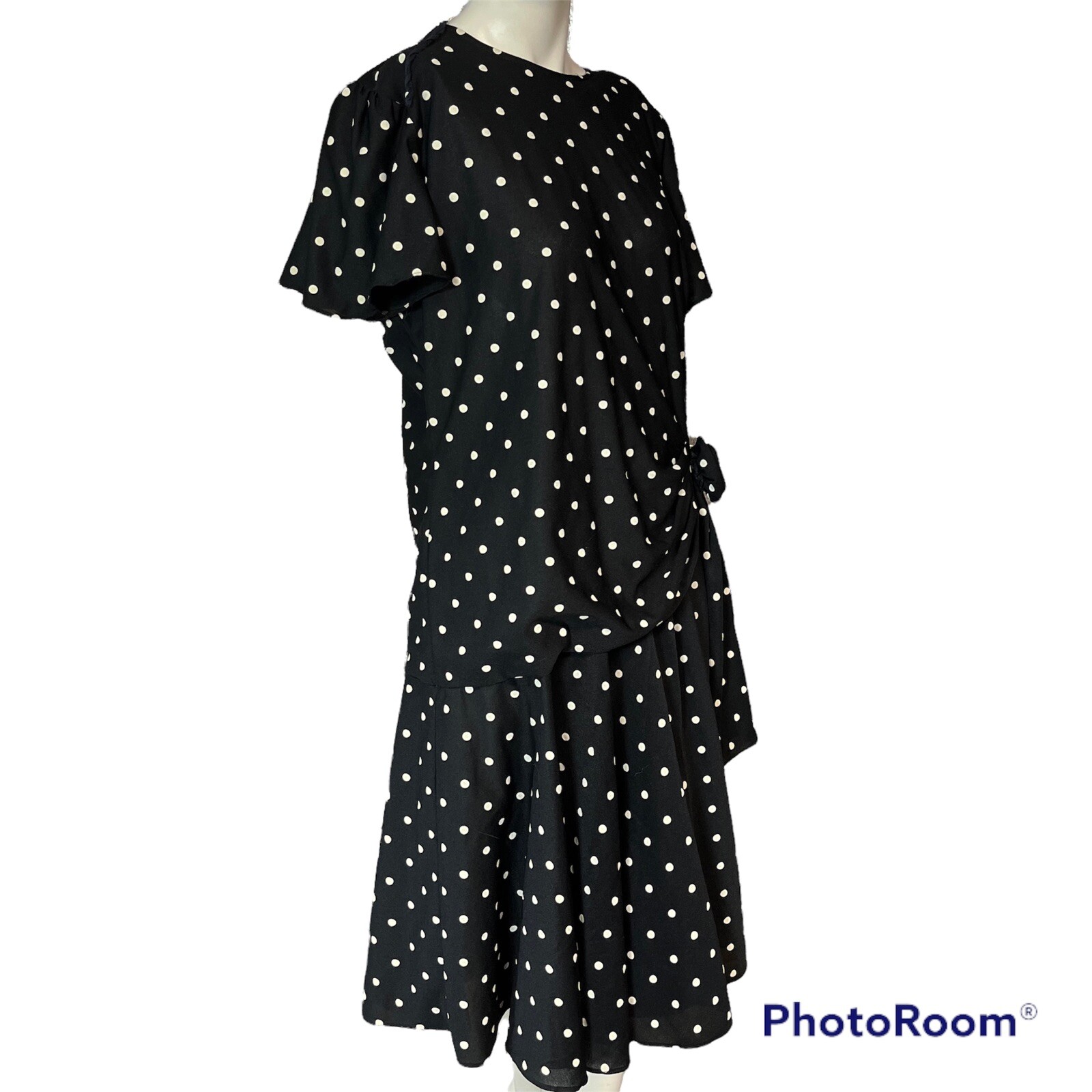 Vintage Black Dress Size 15 16 Black White Polka Dot Gathered Party Classic 80s