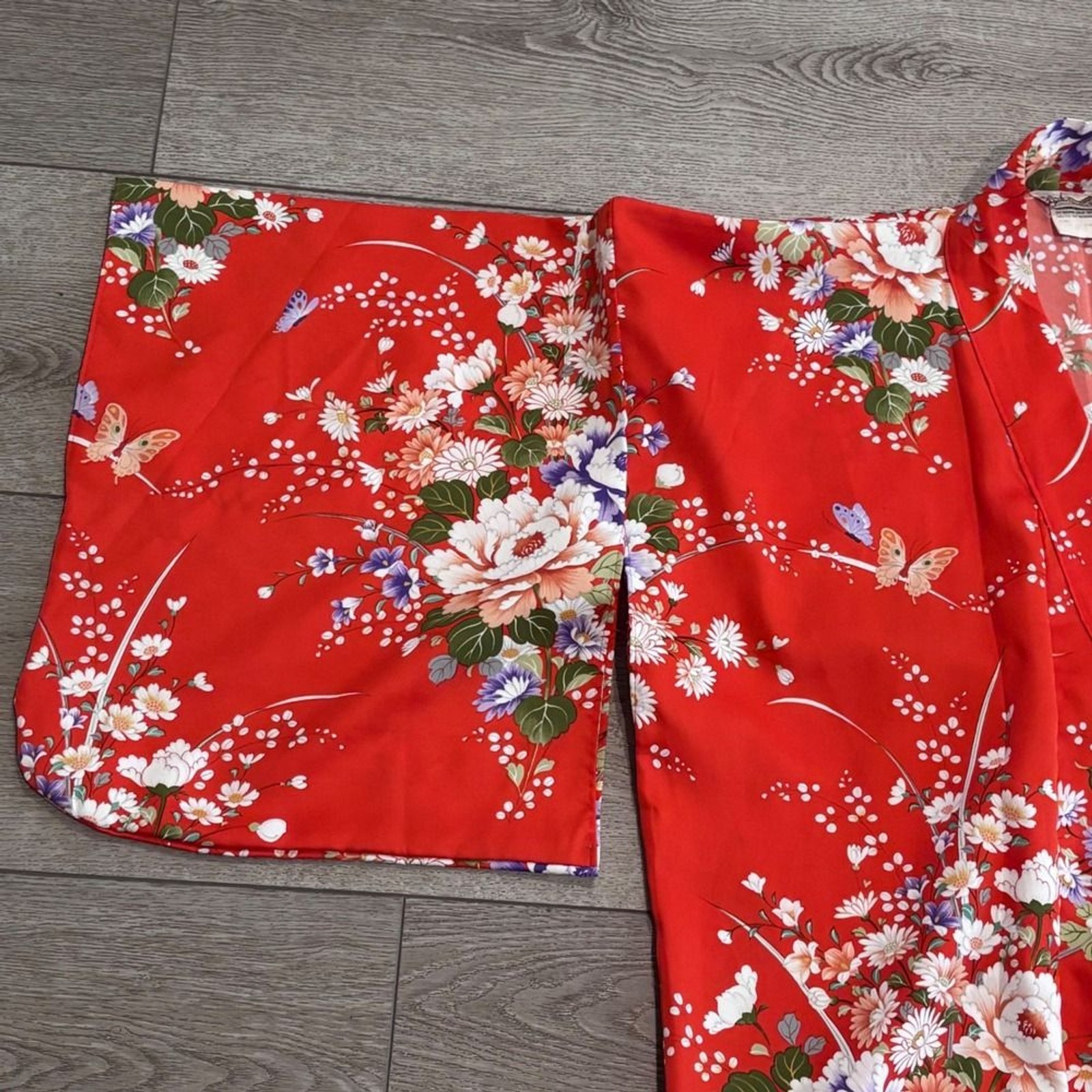 Vintage Made in Japan Red Floral Kimono Robe Butterfly Peony Long Dressing Gown