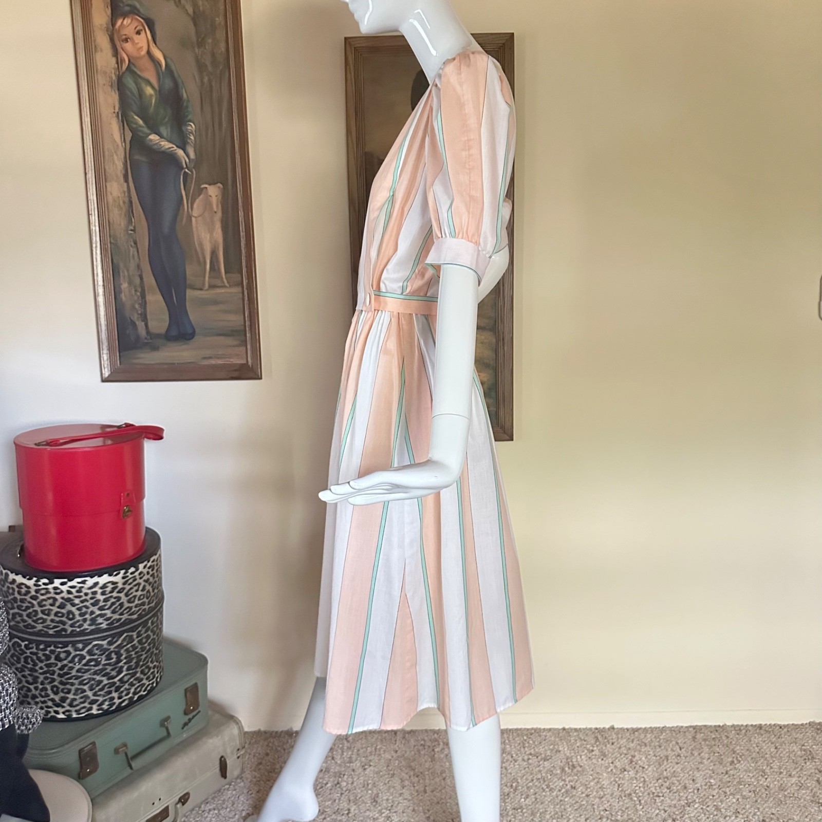 Vintage 1980s Preppy Ice Cream Pastel Striped Apron Day Dress Puff Sleeves M