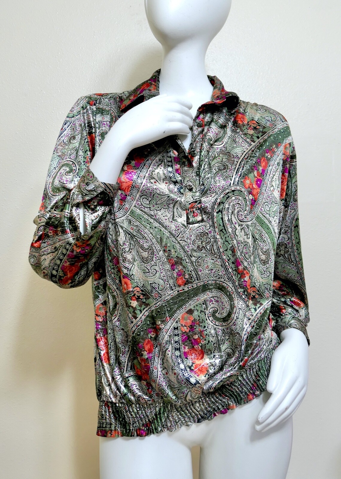 Vintage 70s Shimmer Metallic Henley Top Blouse Mid Century Lady Diplomat L XL