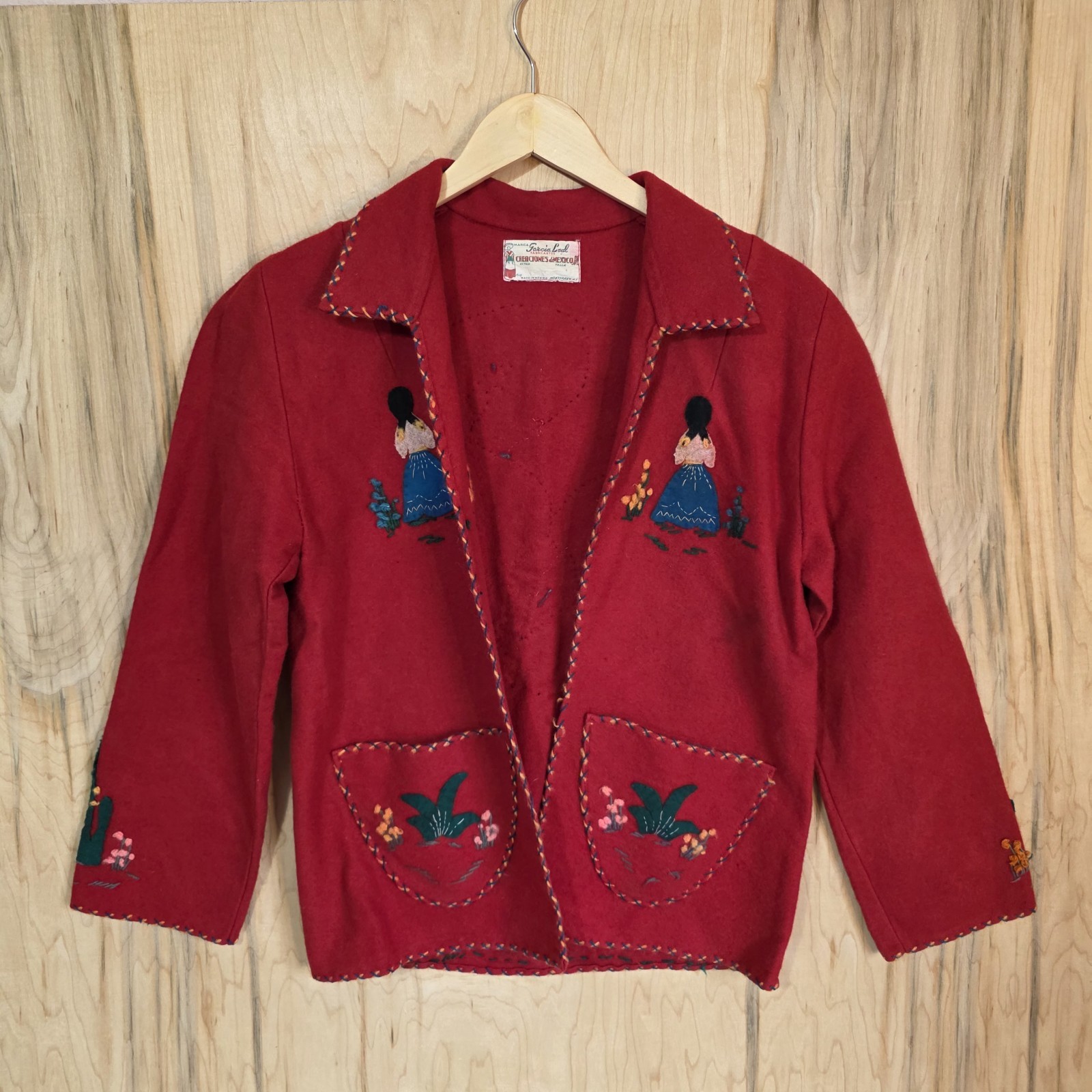Garcia Leal Vintage 50s Womens Red Wool Mexico Souvenir Jacket Handmade Sz XS/S