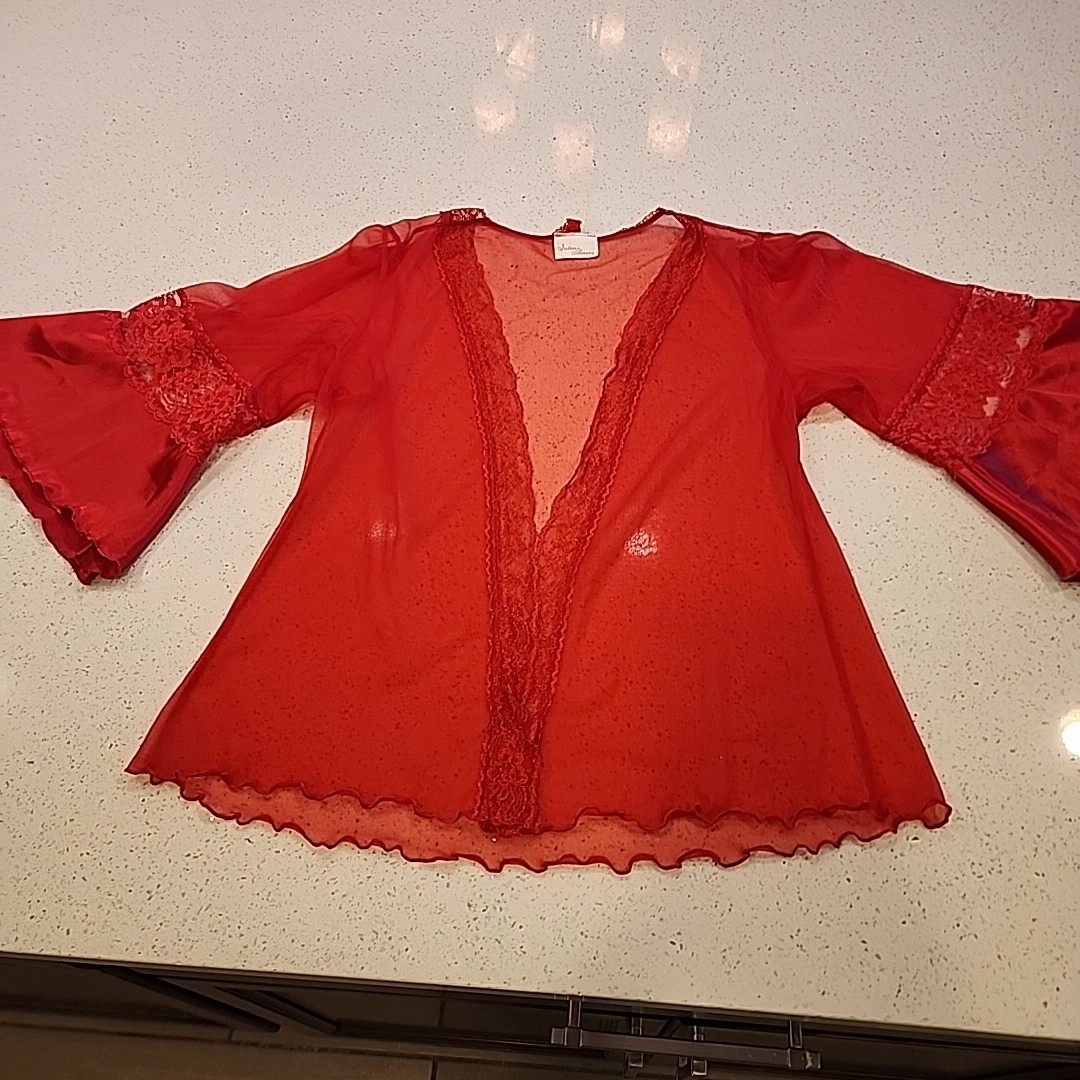 Vintage Intimo Amore Bed Jacket Red Sheer One Size Lingerie Bell Sleeve