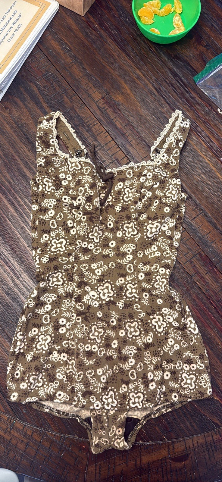 Vintage 60s Par Form One Piece Swimsuit Earth Tone Mod Calico Lace Bathing Suit
