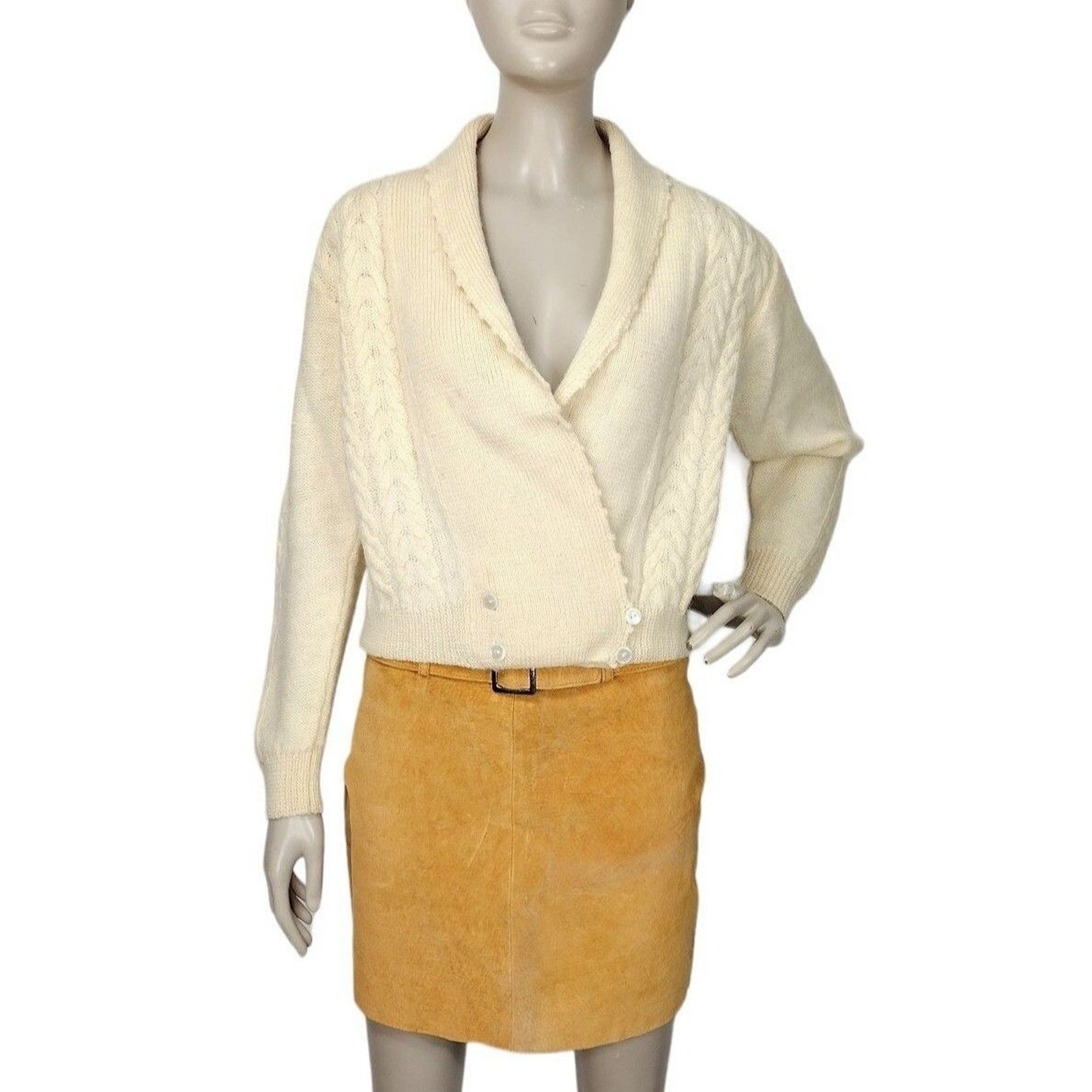 Vintage 70s Alpenblick Alpaca Wool Blend Cable Knit Shawl Neck Surplice Cardigan