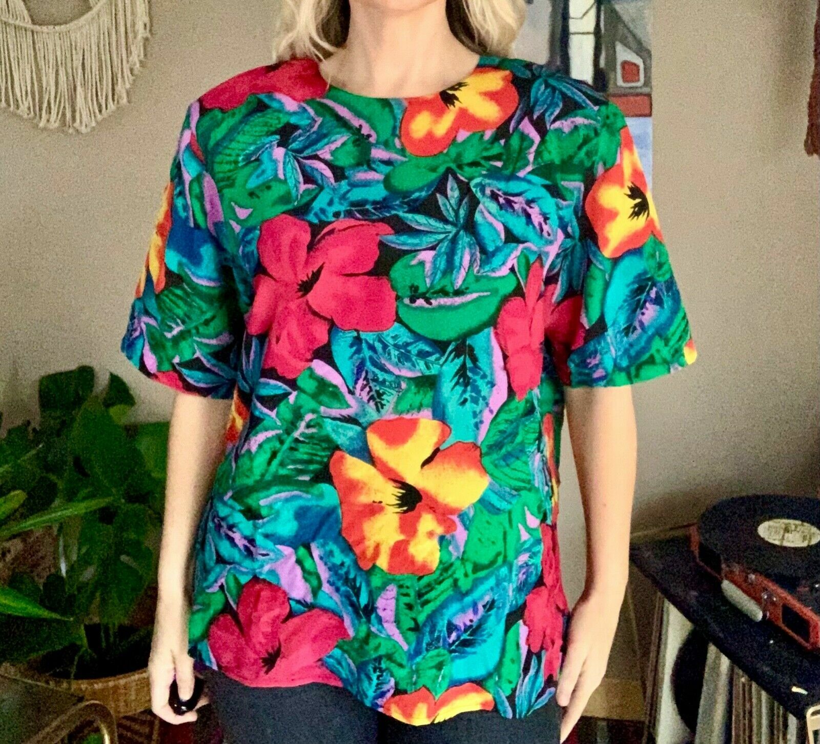 women’s floral Blouse/Top 80s-90s Vintage Christie & Jill Sz L black pink bright