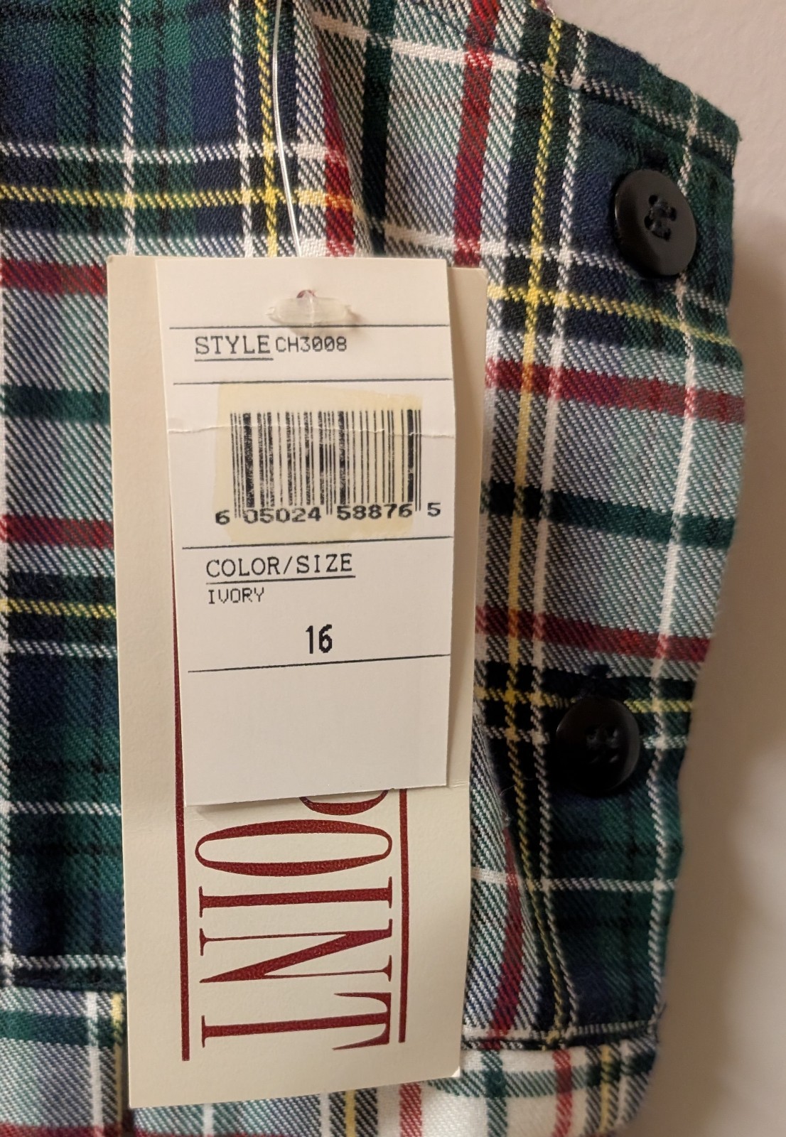 Hunts Point Ivory Green Red Tartan Plaid Vtg Deadstock Jumper Side Buttons 16