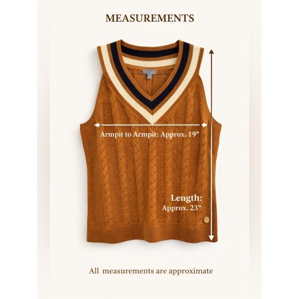 T by Talbots Cable Knit Sweater Vest Mustard V-Neck Stripe Trim Preppy Chic Sz M