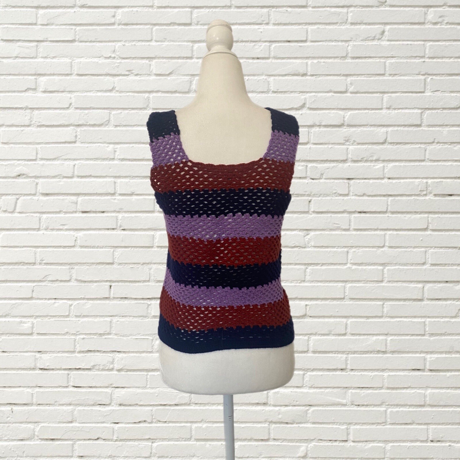 vintage 70s crochet tank top and fringe shawl set – Striped Knit Hippie Boho