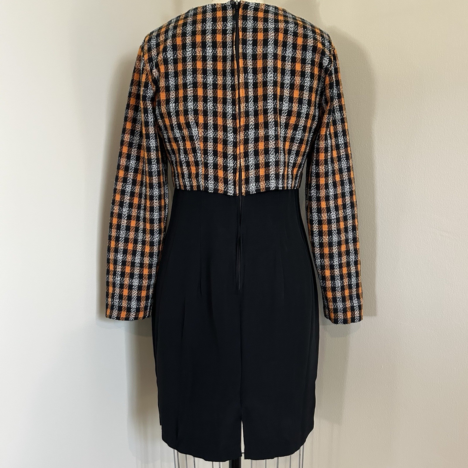 VTG 80s Plaid Dress Black Orange White Preppy Schoolgirl Office Fall USA Sz 10