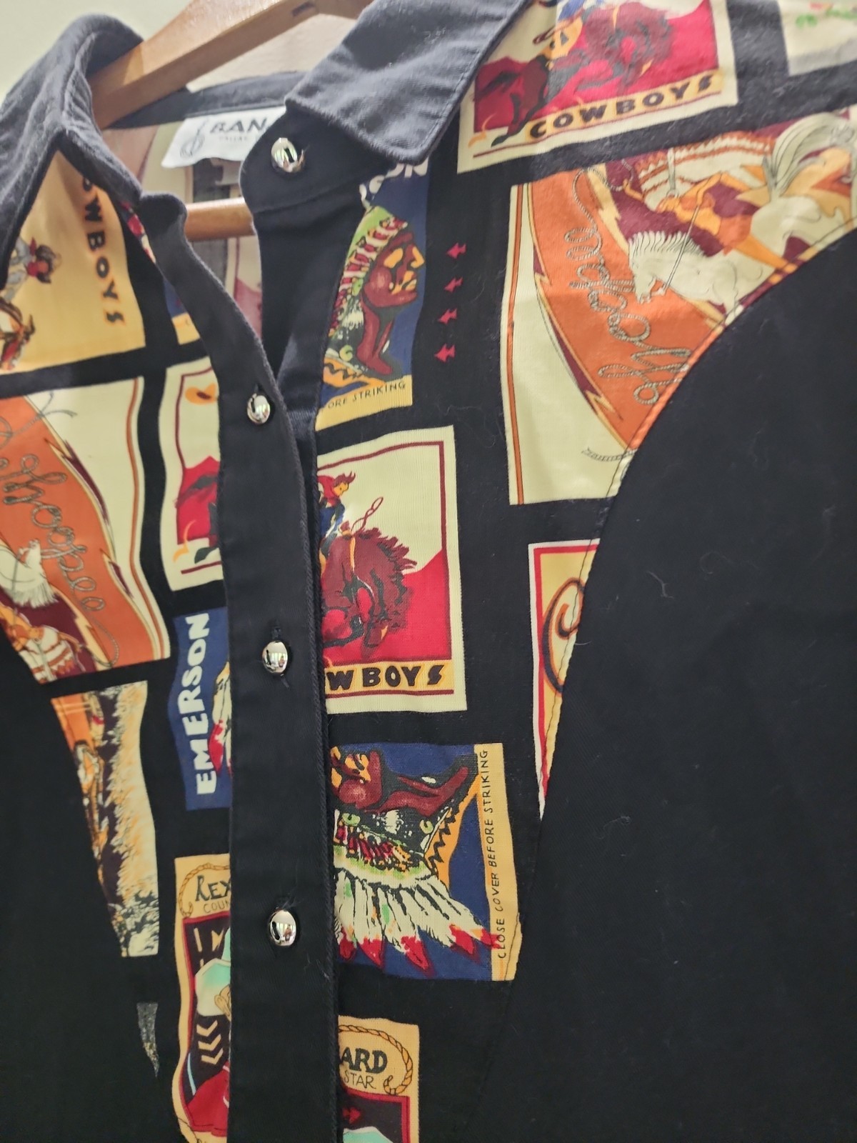 Vintage Banjo Dallas Texas Western Shirt Womens XL Black Cowboy Print Cotton USA