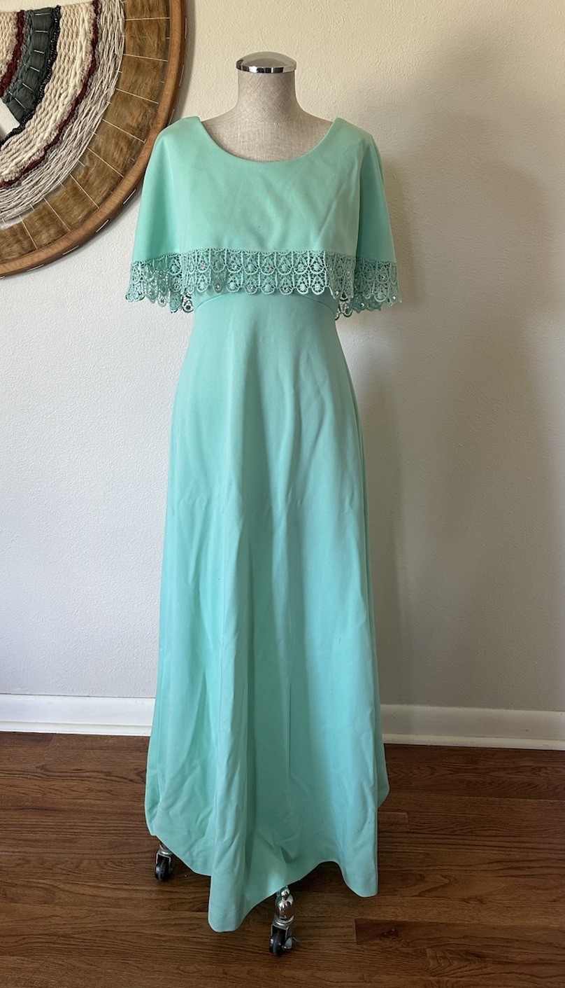 Vintage 70s Miss Rubette Formal Mint Green Max Dress Lace Woman’s S/M