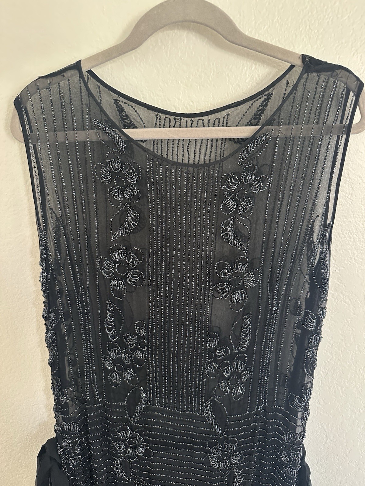 Antique Art Deco Beaded Silk Chiffon Tabard Dress Black Glass Beads 1920s Medium