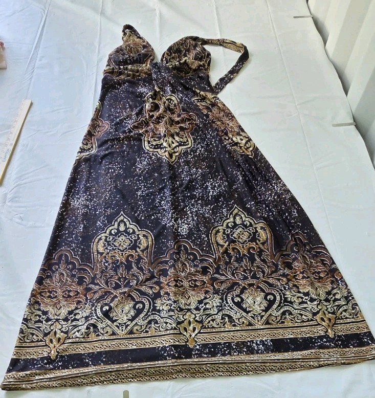 Hypnotik Y2K Multi Browns Empire Waist Halter Dress Paisley Boho Hippy Sz M