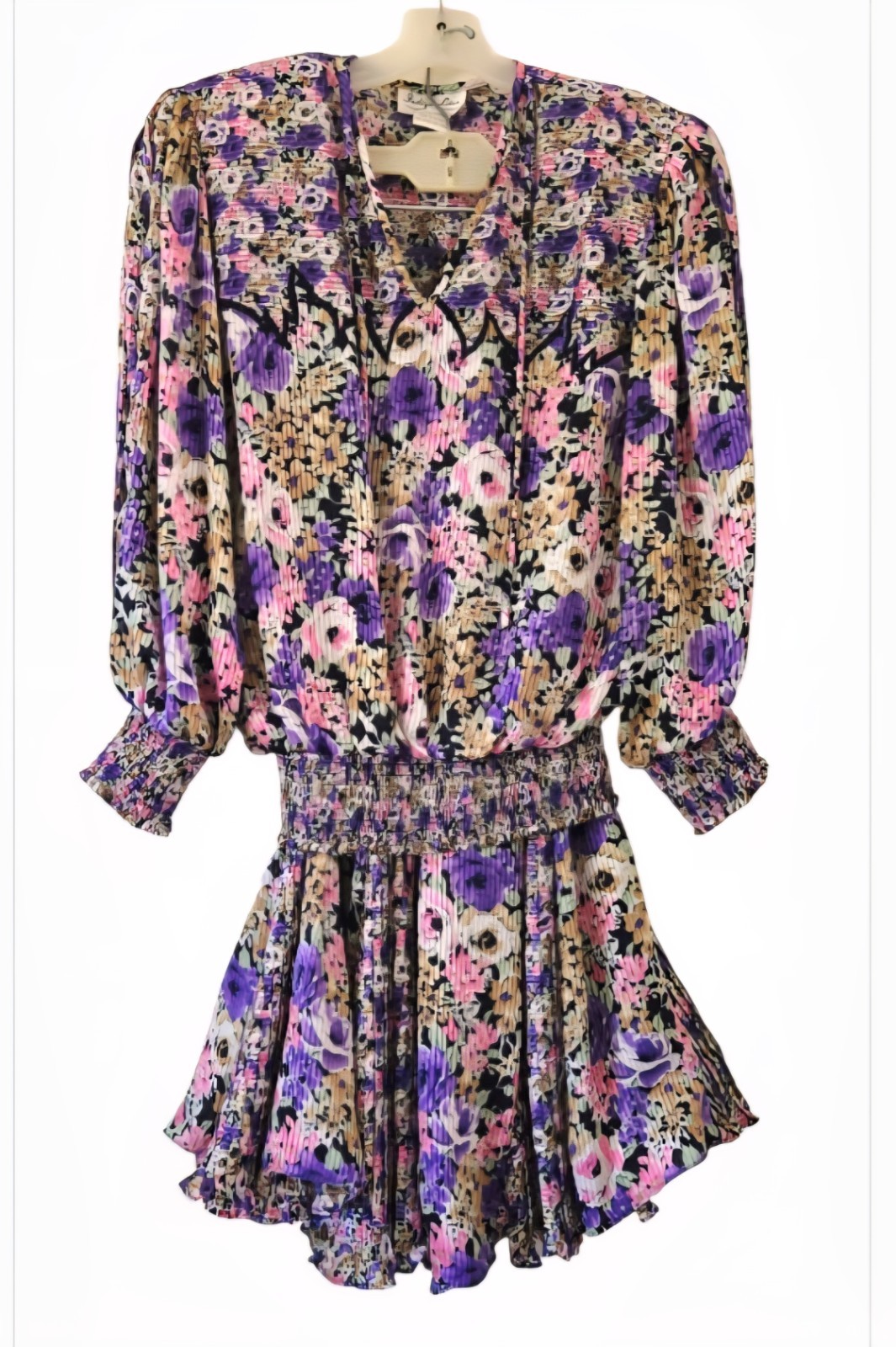 1980s INDIGO LITES Vintage Purple & Pink Polyester Smocked Full Sweep Skirt Set