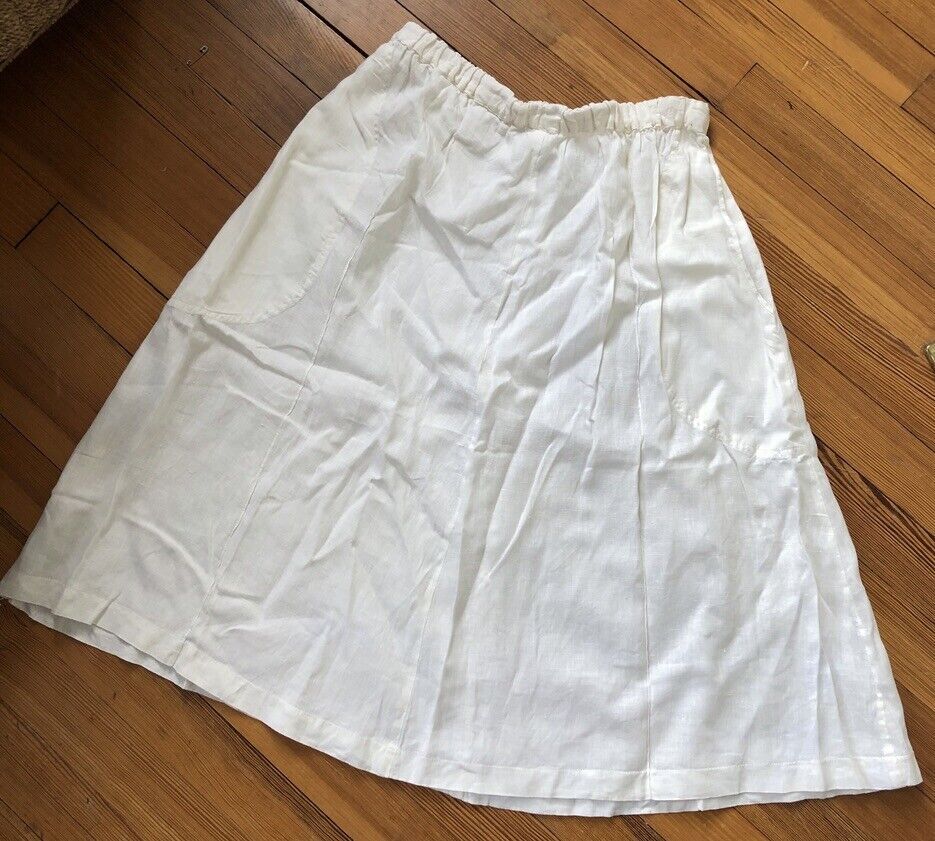 VTG FLAX ANGELHEART USA JEANNE ENGLEHART 100% LINEN WHITE SKIRT POCKETS L EUC