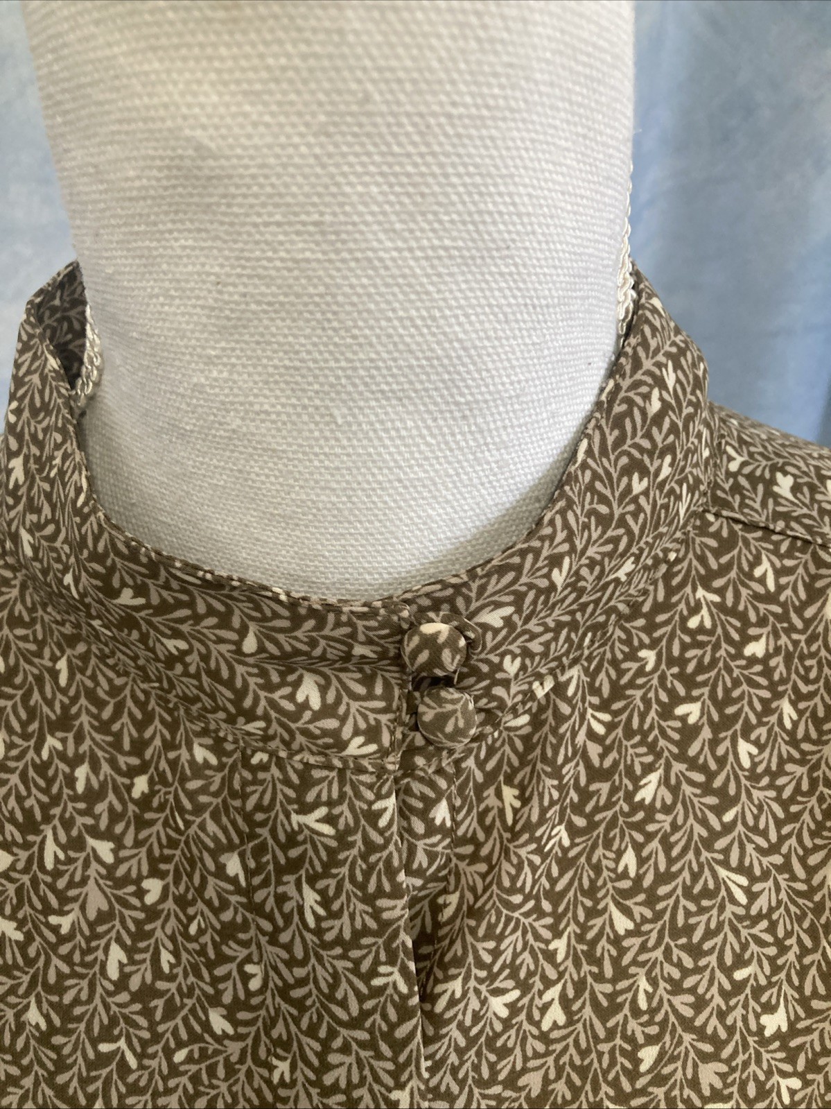 Vintage 1980s Brown Floral Leaf Blouse Sheer Boxy Secretary Poly Chiffon S/M EUC