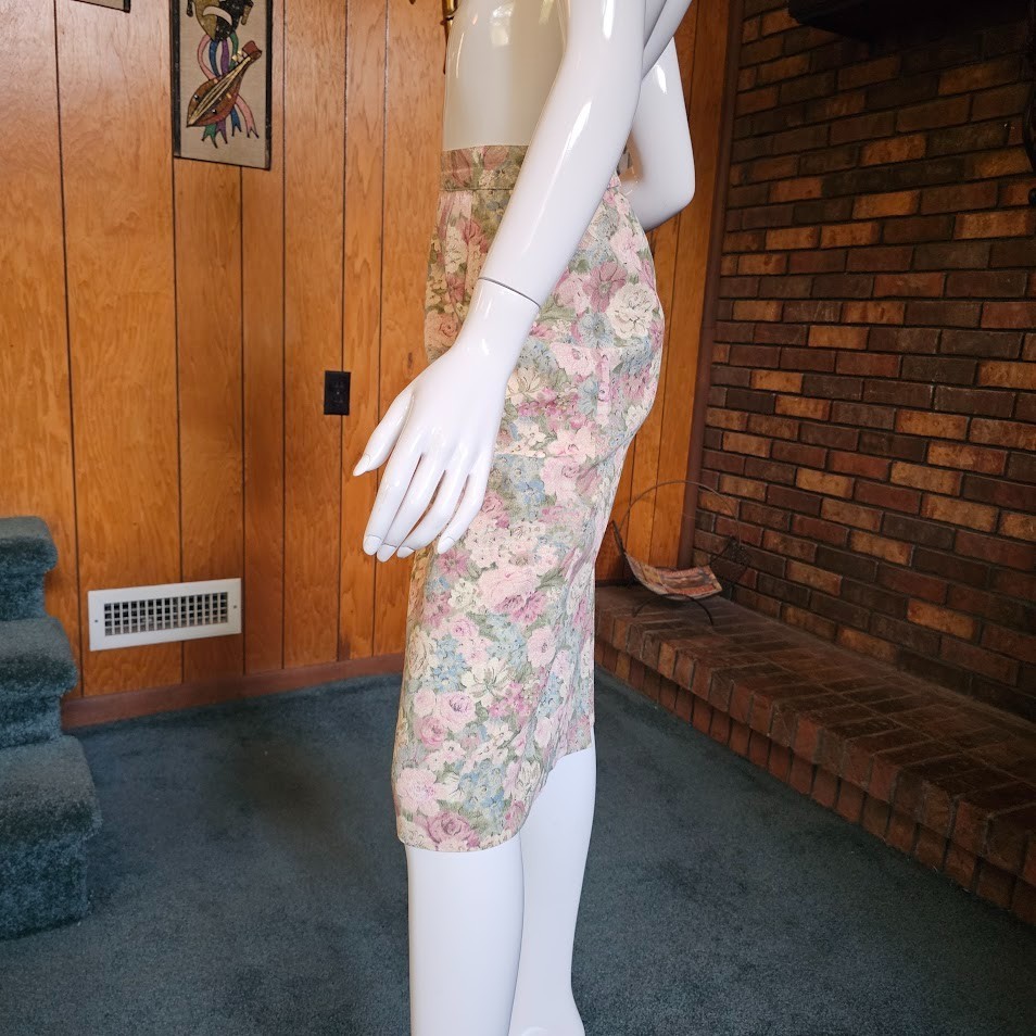 Vtg 80s Granny Cottage Floral Brat Pack High Waisted Secretary Pencil Skirt M