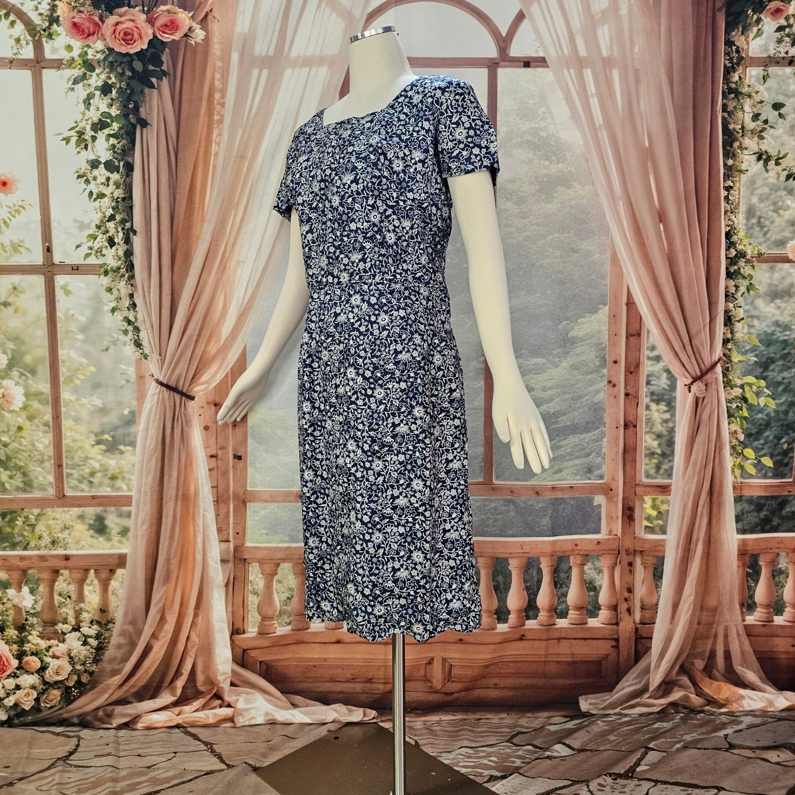 Vintage 1950’s Dress Brewster Navy Blue Floral Square Neck Fitted Pinup as is