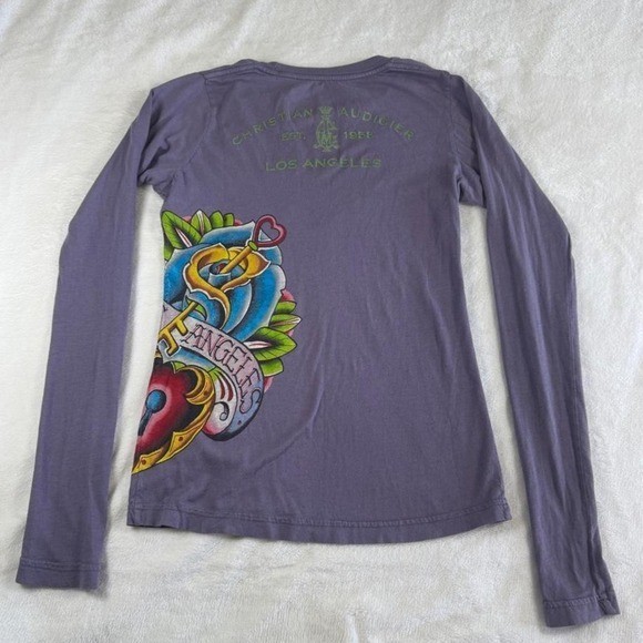 Rare grail Christian Audigier Ed Hardy purple cash graphic top y2k vintage
