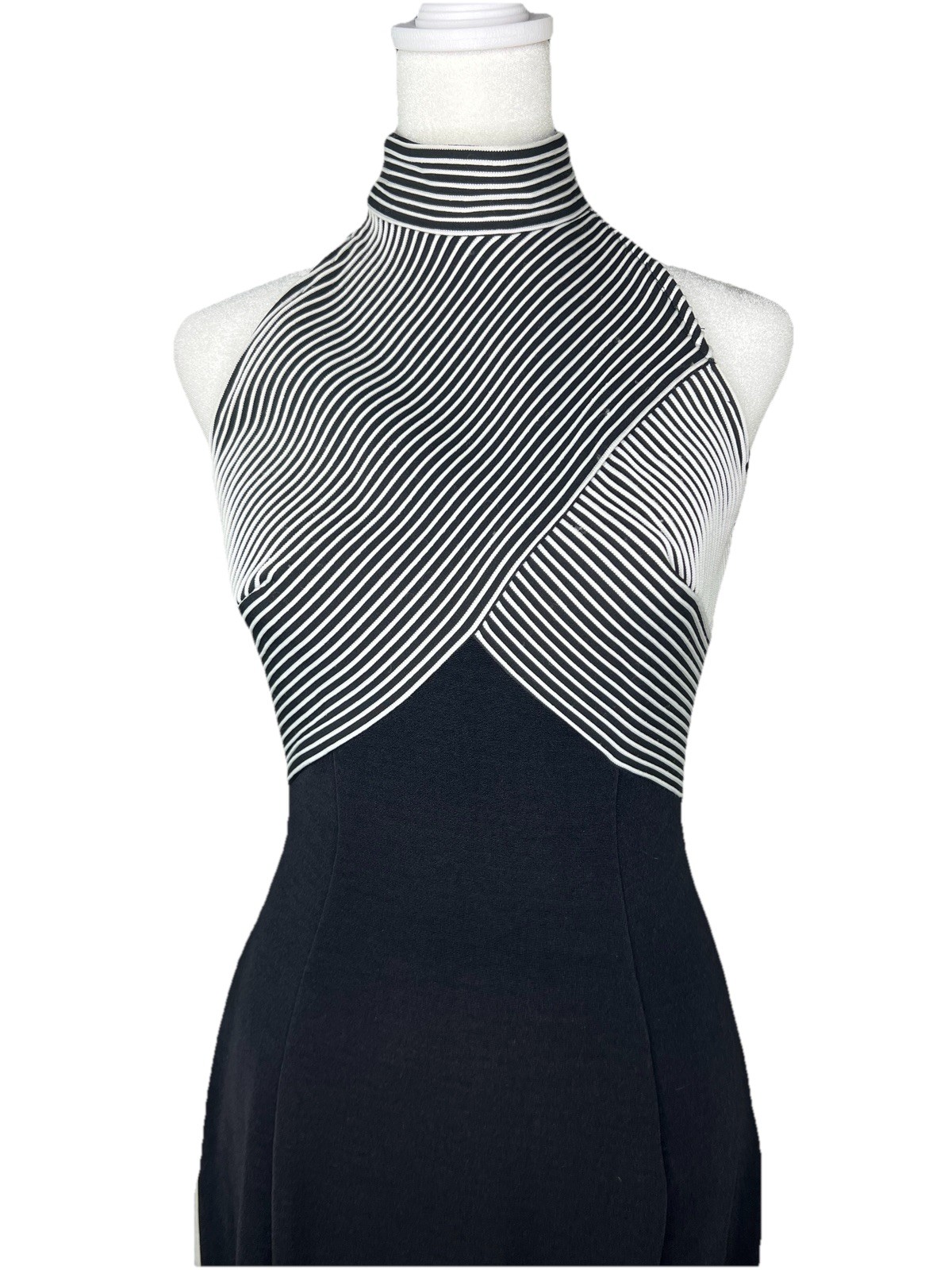 Vintage Y2K Retro TADASHI Black Striped Halter Top Bandage Fitted Dress MEDIUM