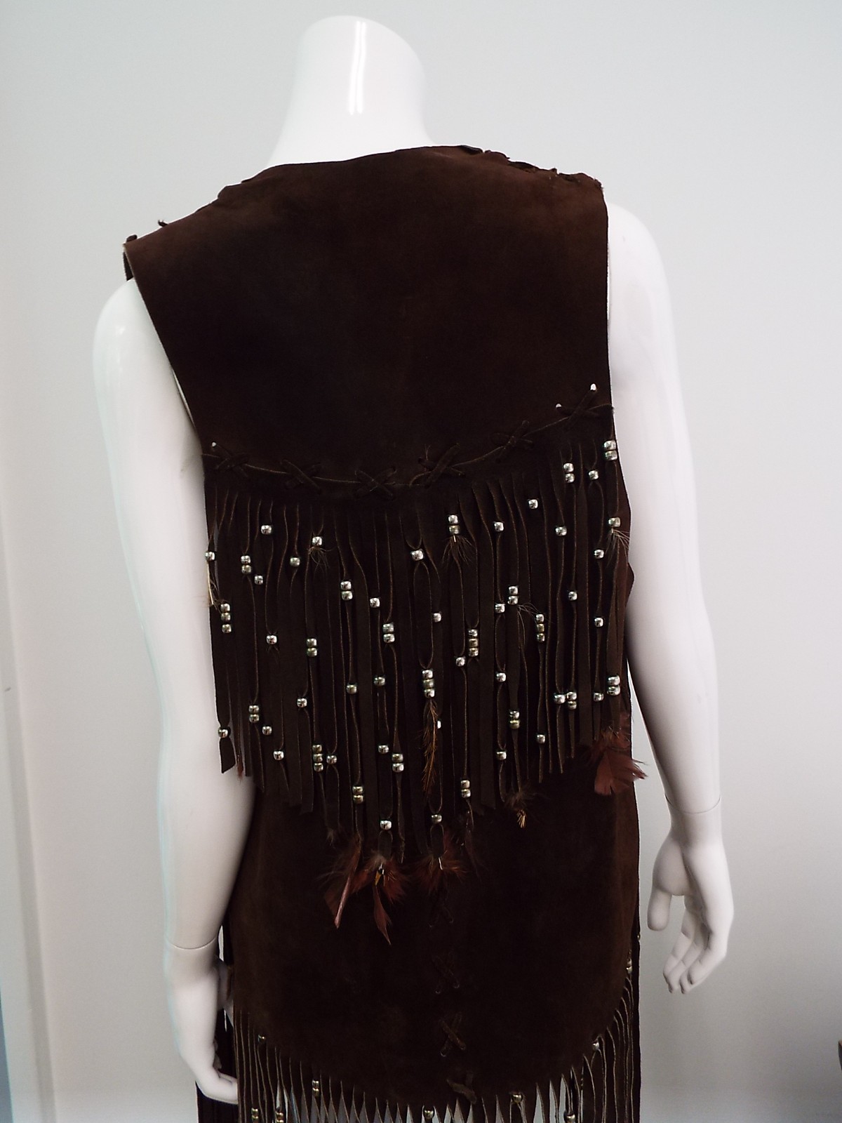VTG 1970s Long Brown Suede Fringe Tunic Vest HIPPIE Feathers Beads Festival Boho