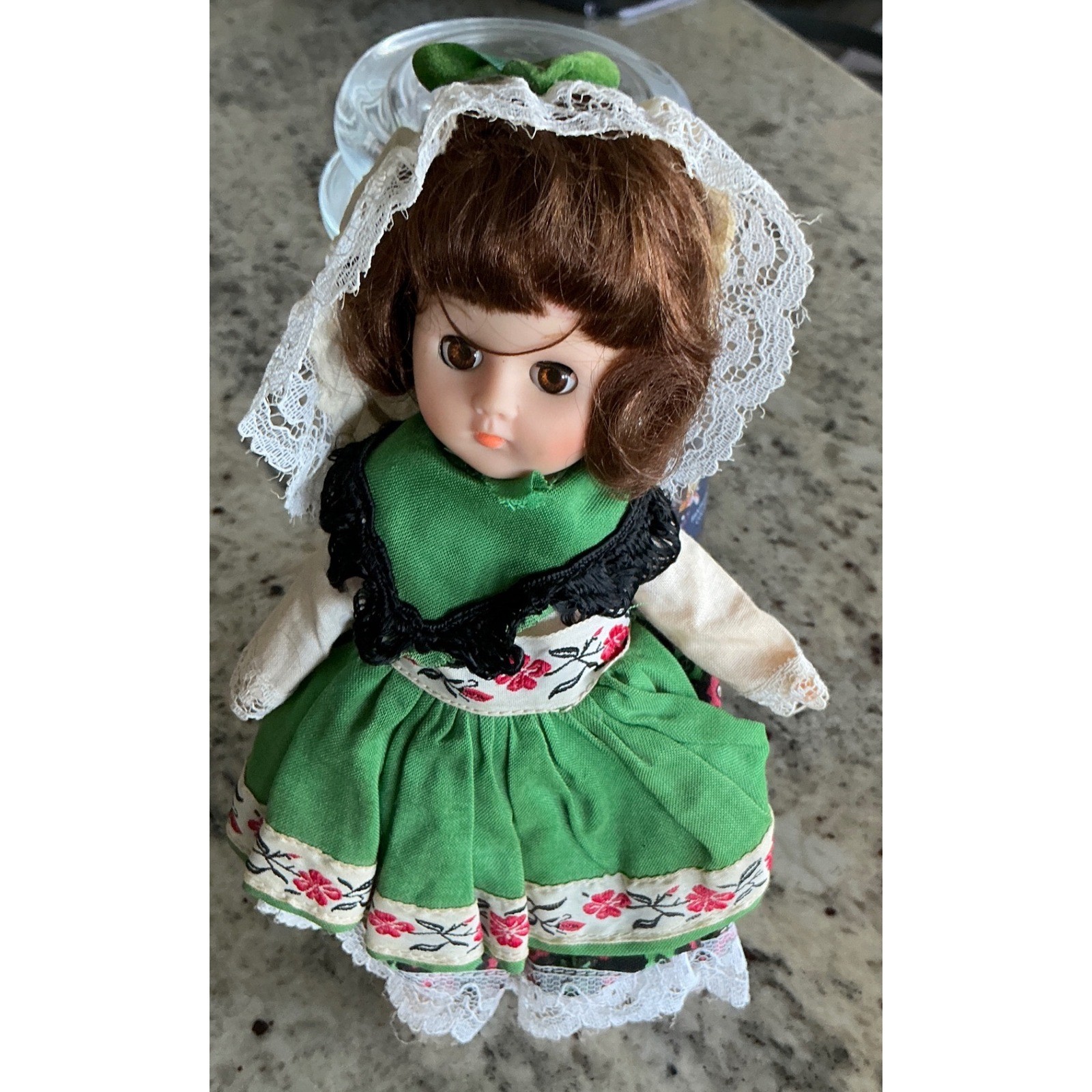 Vogue Vintage 1972 International Doll Green Floral Folk Dress 8 Inch Brunette