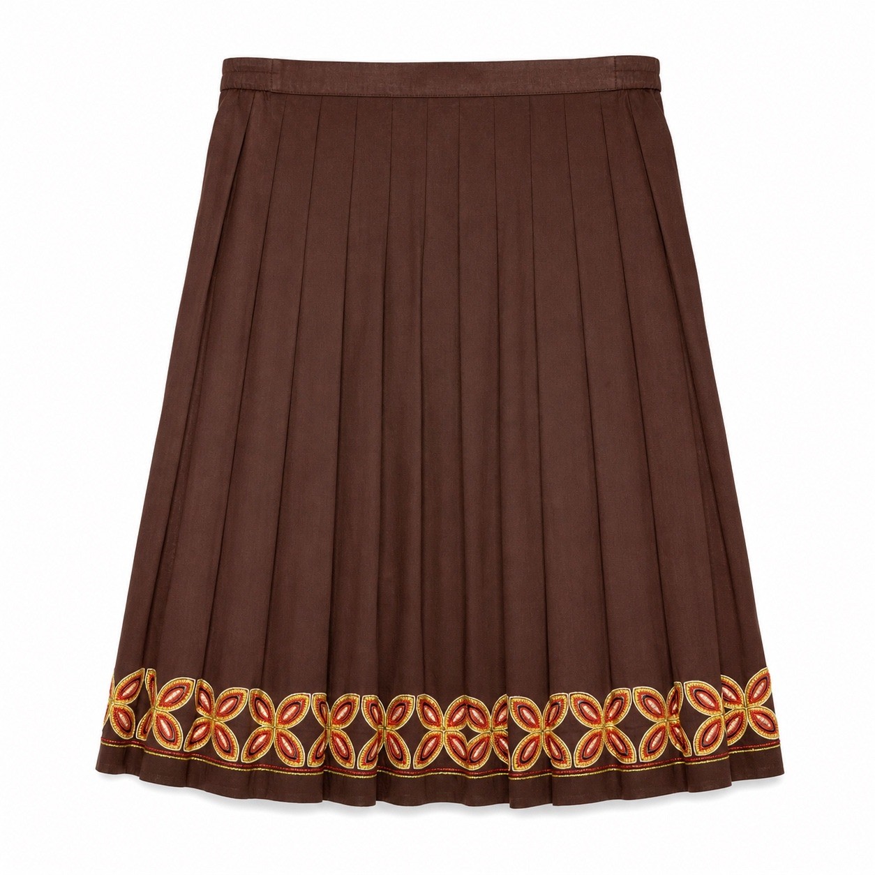Vintage Tommy Bahama Boho Pleated Embroidered Midi Skirt Brown Size 12