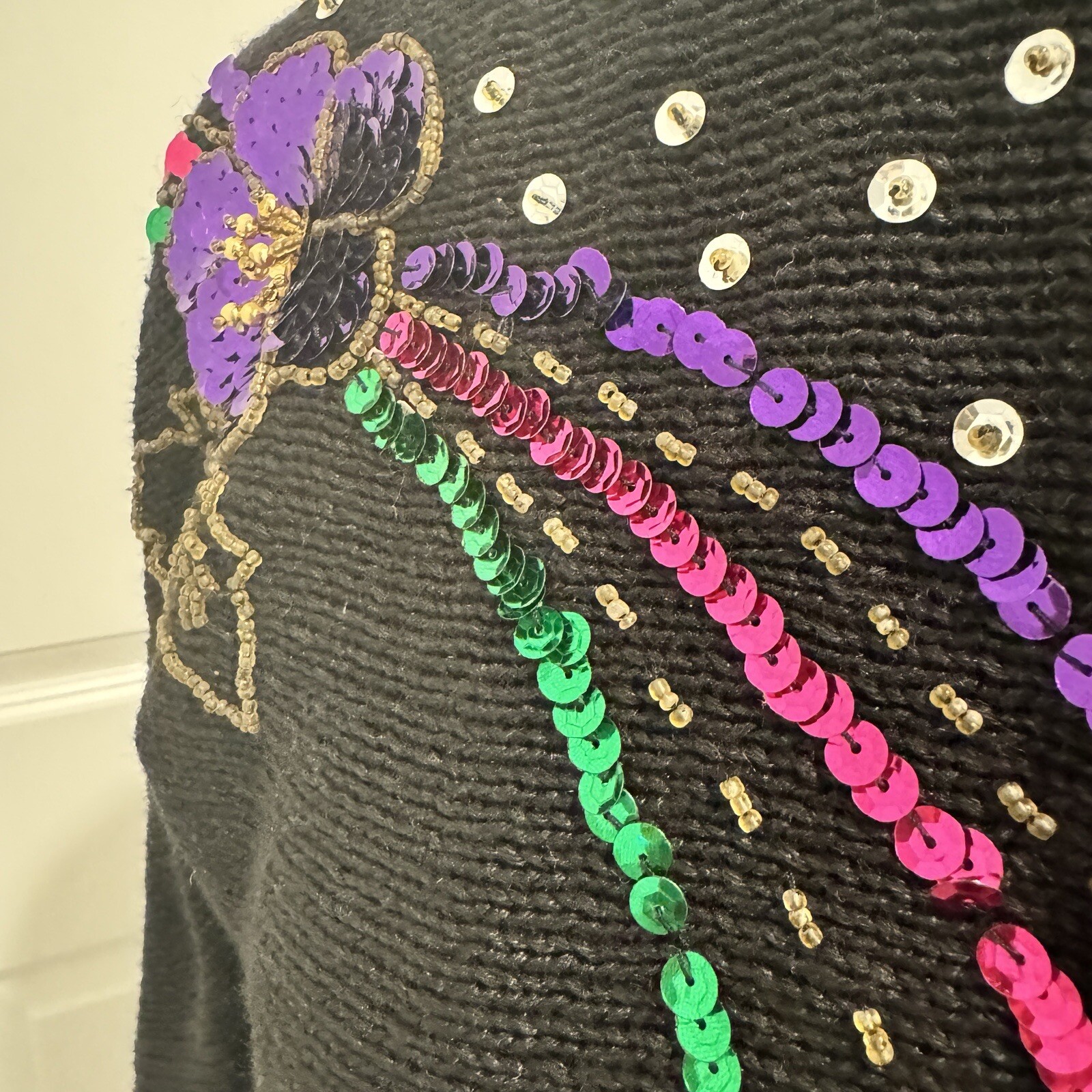 Vtg 80s Women’s Sequin Beaded Flower Black Fancy Sweater Pullover Size Medium
