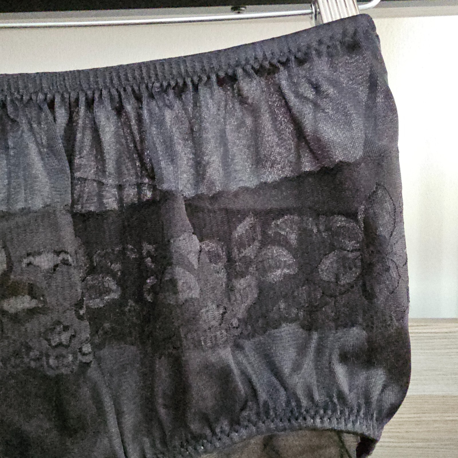 Vintage Sheer Nylon Panty Black Sissy Flower Lace Granny Brief Size 8 Hip 39-43″