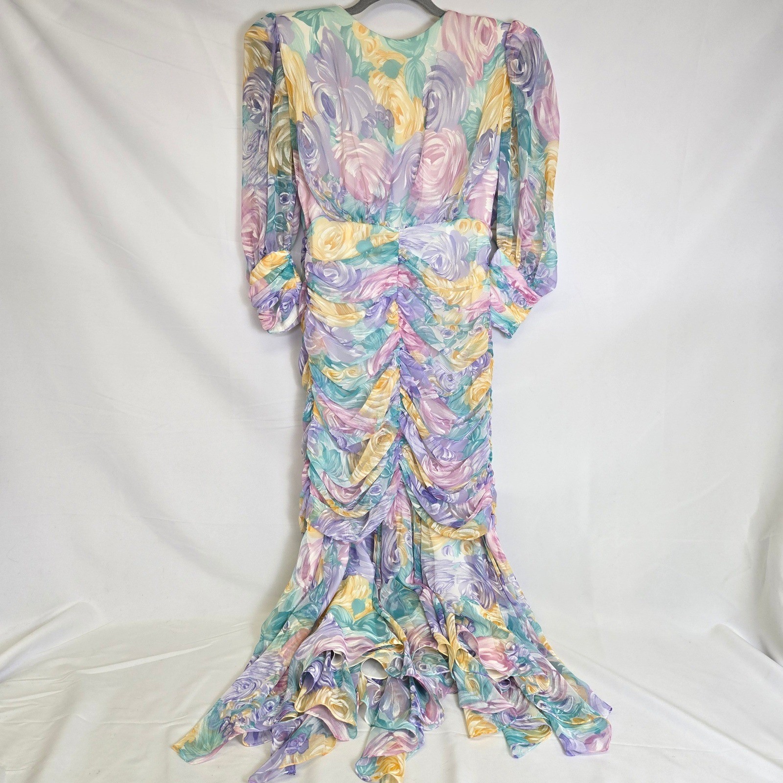 Claralura Original Pastel Bow Ruched Chiffon Evening Gown Romantic Vtg 80s XS