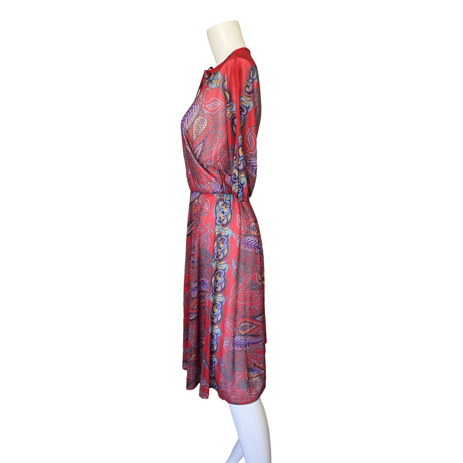 Vintage 80s NPC Fashions Dress Sheer Colorful Red Floral Print