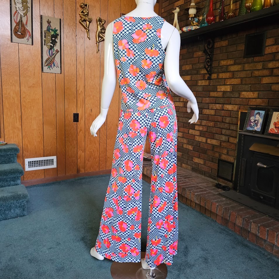 Vtg 70s Mod Op Art Bubble Psychedelic 3pc Tunic Top Wide Bellbottom Pantsuit M/L