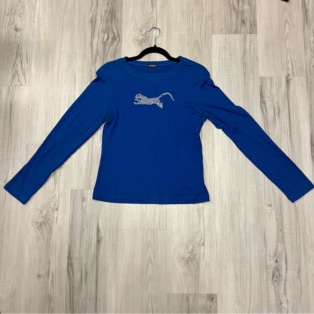 NWOT eyeshadow blue top with bling cat sz L vintage Y2K Long sleeves 100% Cotton