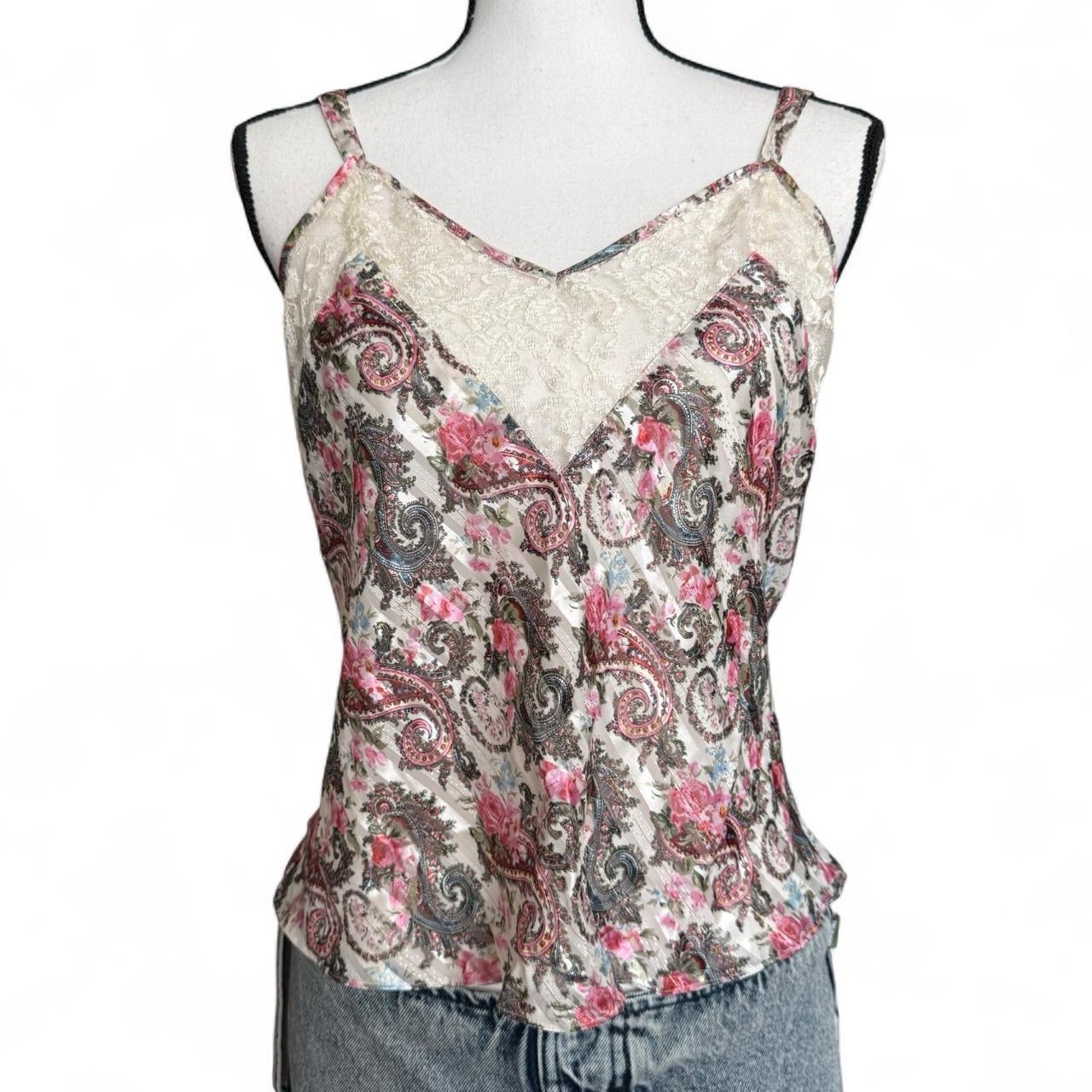 Vintage 90s Victorias Secret Floral Paisley Lace Camisole White Pink Multi Color