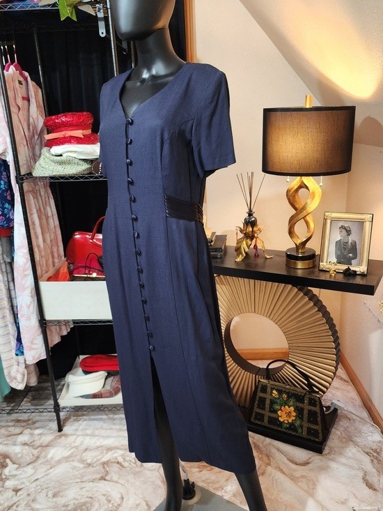 Vintage 1990s Betsy’s Things Navy Button Front Midi Dress Rayon Acetate Size 10