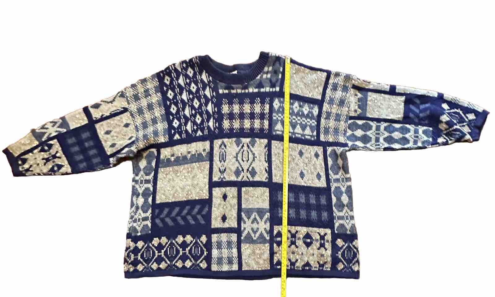 Vtg Y2K Arielle Women Sweater XXL Granny Knit Quilt Square Crewneck Blue READ