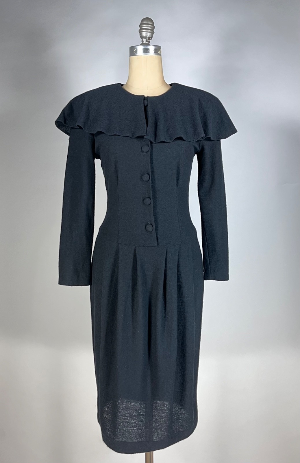 Vintage 1980’s to 1990’s black MERINO WOOL weave dress w/bertha collar by Oberon