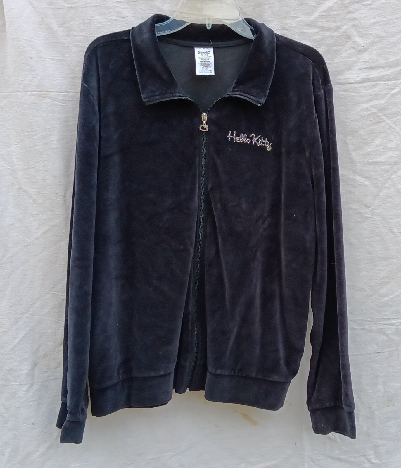 Vintage Hello Kitty Black Velour Zip Jacket w/Rhinestones Ladies XL Sanrio Korea