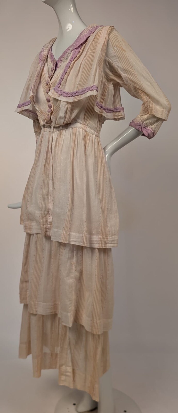 EDWARDIAN STRIPED MUSLIN DRESS W LAVENDER SILK EDGING + TRIPLE TIERED SKIRT