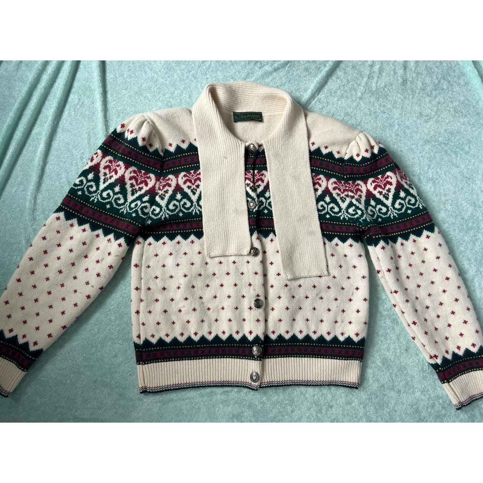 Vintage Cullinane Fair Isle Cardigan Sweater Scarf Cream Red Green Wool Angora