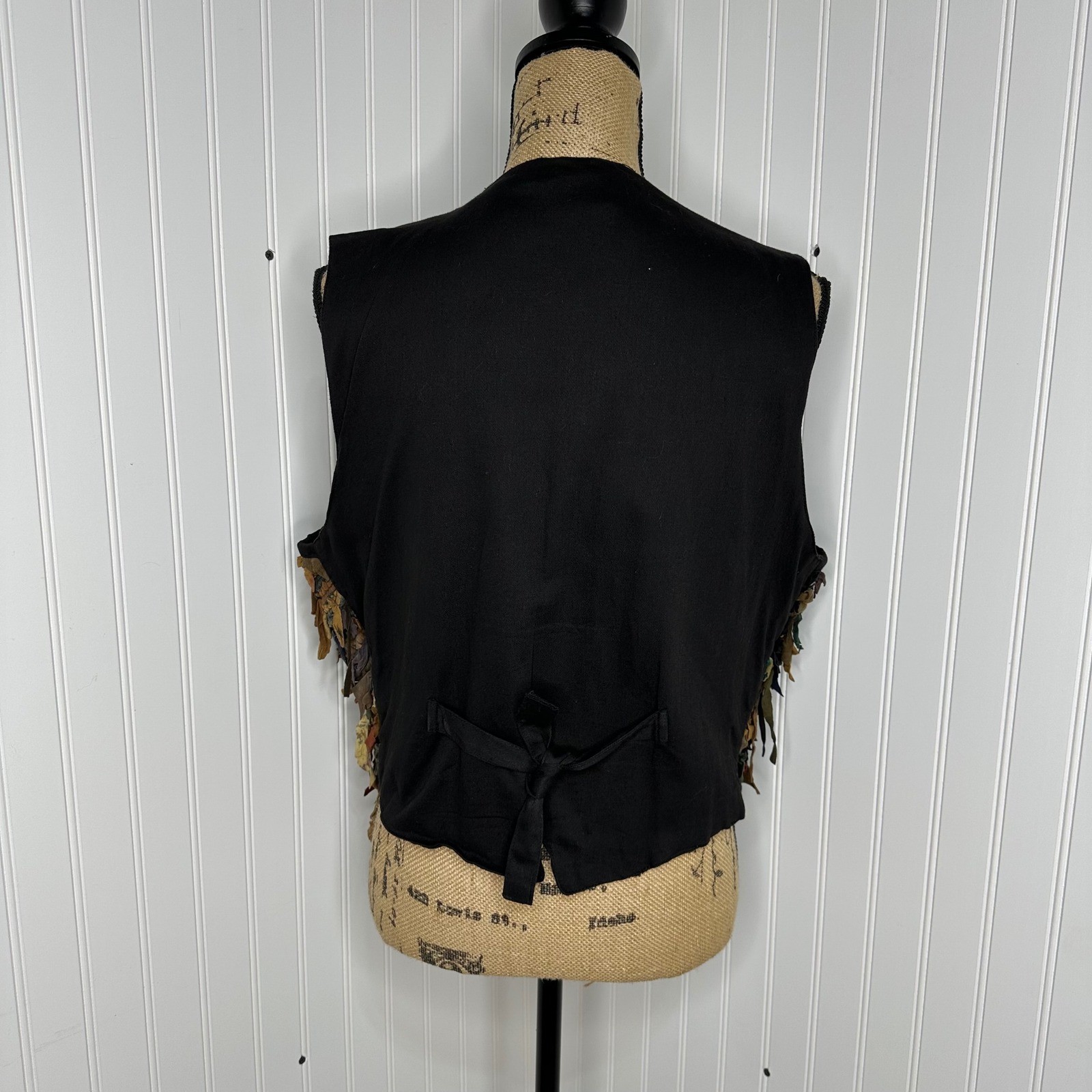 Vtg Exceptional Leather Scrap Vest Multicolor Black Boho Artwear Rag Rug Sz L
