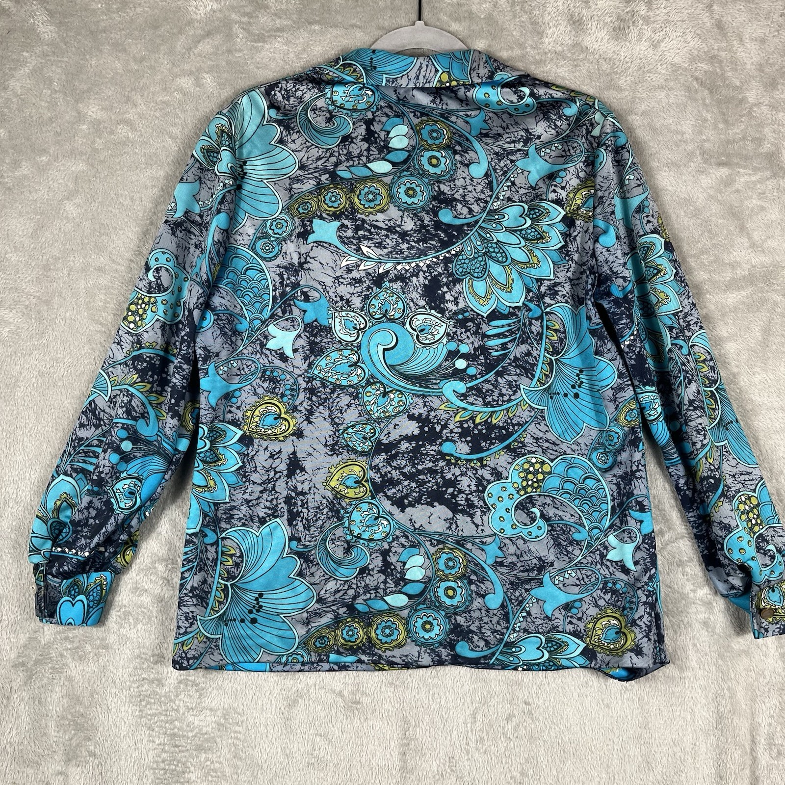 VTG 70s Pykettes Shirt Womens Psychedelic Paisley Floral Turquoise M/L Disco