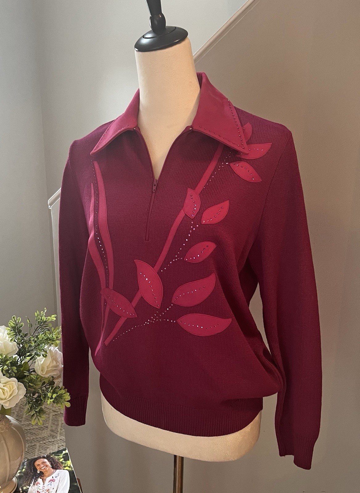 VTG 80’s PHILIPPE MARQUES Sweater 1/4 Zip Rhinestones Leaf Appliqué Pink Sz 6