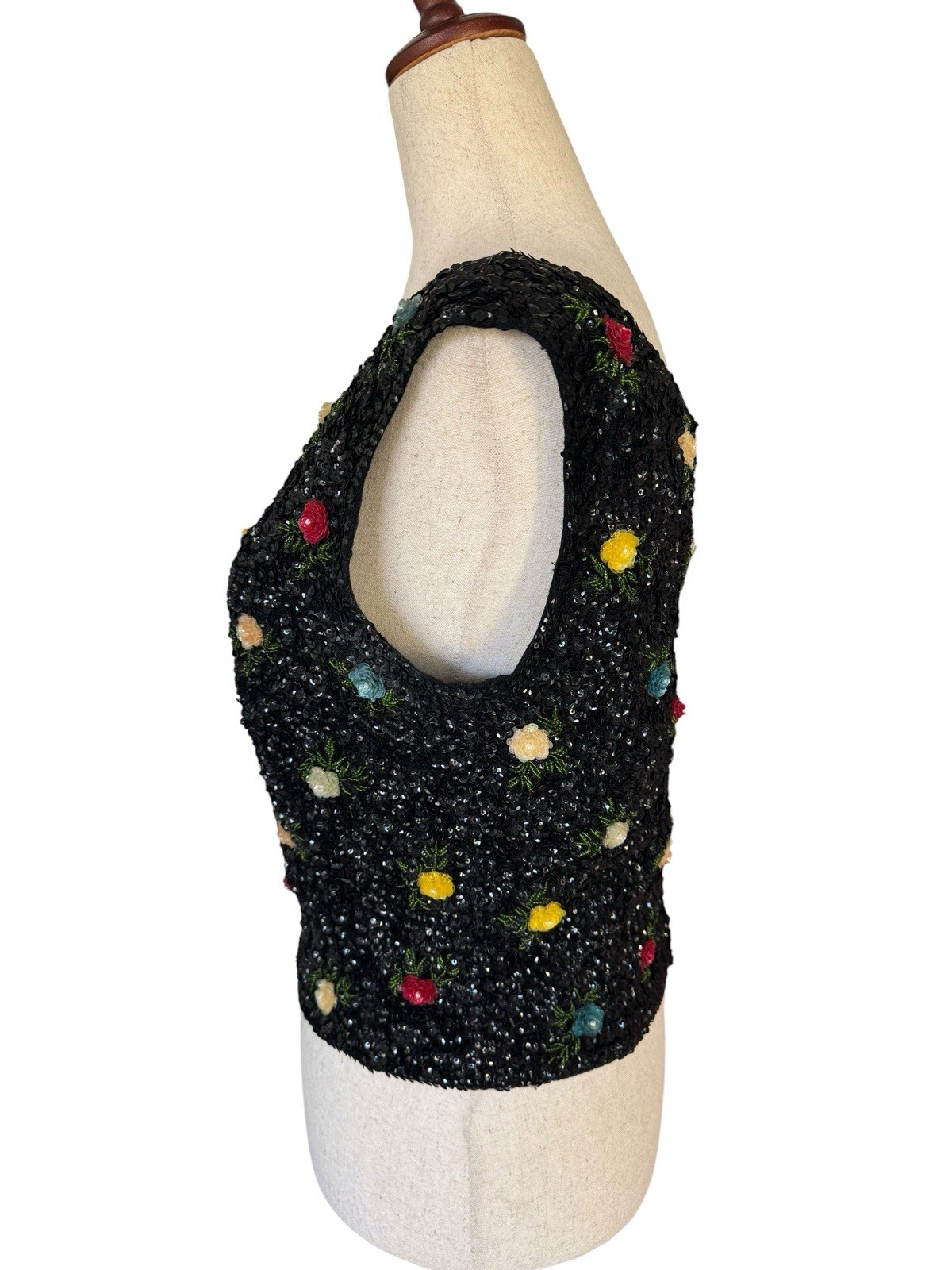 Vintage 60s House of Gold Beaded Sequin Floral Sleeveless Evening MCM Top Medium