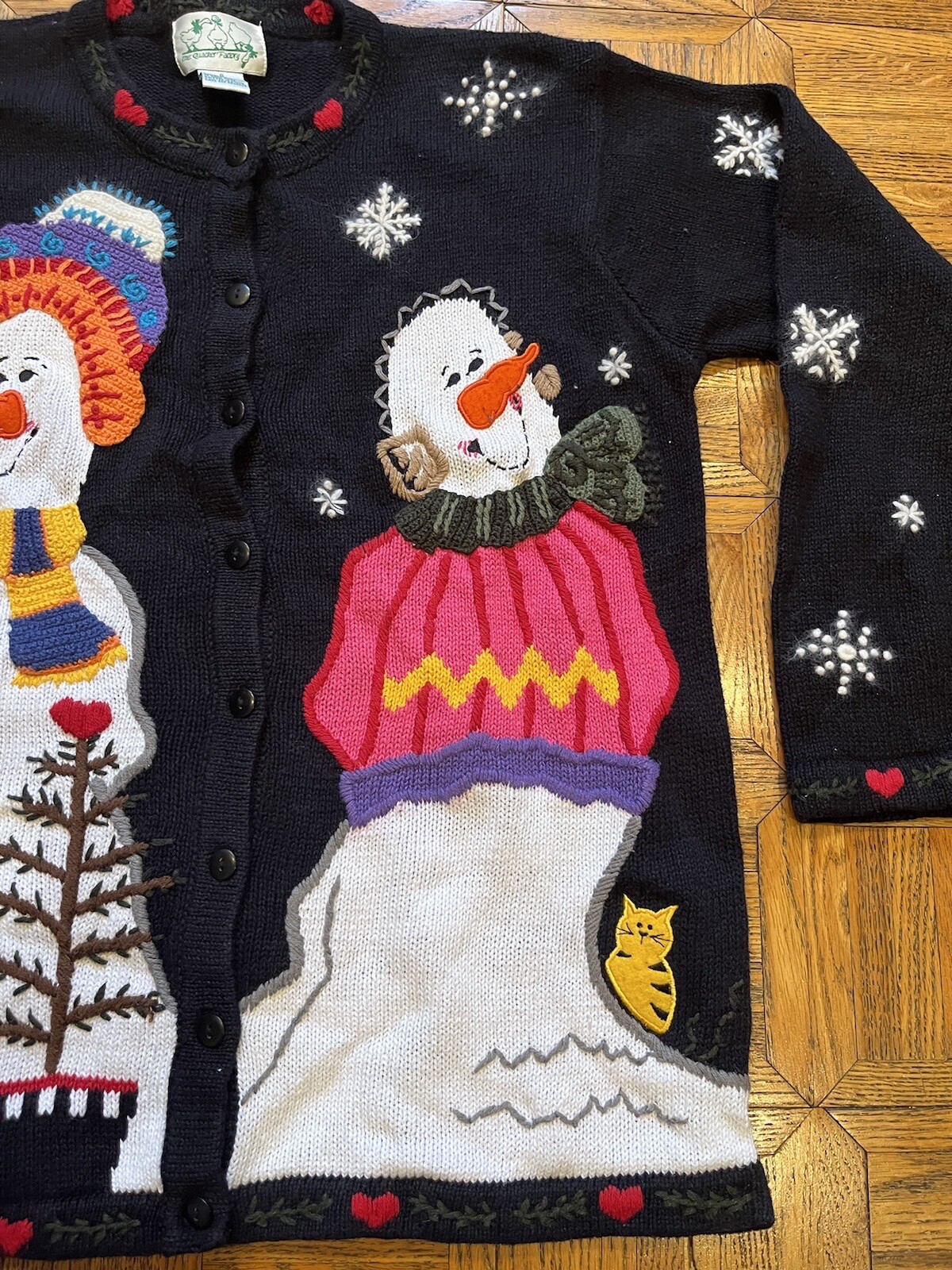 Vintage Quacker Factory S Snowman Peeking Cat Cardigan Sweater Christmas Holiday